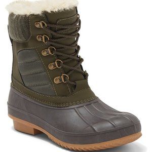 Khombu Kathleen Boots Faux Fur Duck Booties Waterproof Olive Green Size 7 NEW